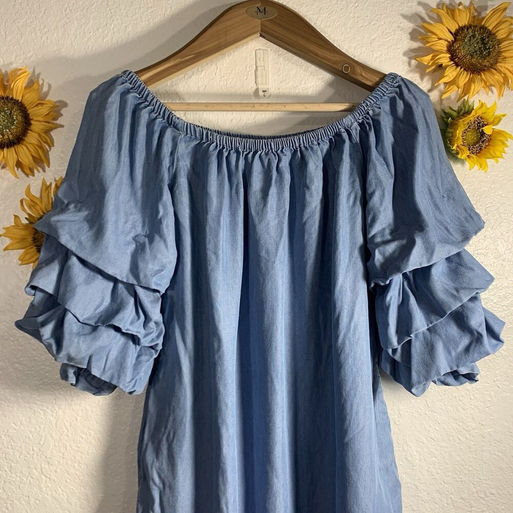 Zara Woman Blue Denim Ruffle Tiered Sleeve Short Off The Shoulder Dress Size XS - Picture 9 of 9